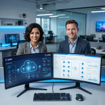 Cloud data warehouse consulting — engineers reviewing multi-cloud data architecture on large monitors