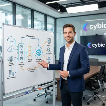 Snowflake data pipeline architecture diagram being reviewed by a consultant