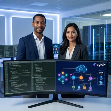 Enterprise architects reviewing legacy system modernization blueprint on large monitor