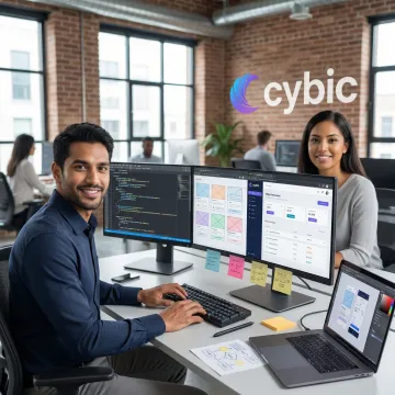 Software engineers collaborating on a bespoke web application interface on multiple monitors