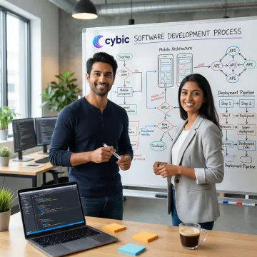 Enterprise mobile app development process from discovery to deployment on a whiteboard