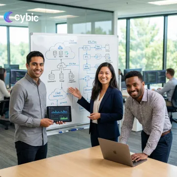 Data engineers reviewing a pipeline architecture diagram on a whiteboard with cloud infrastructure nodes