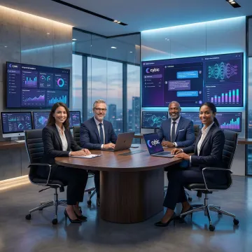 Enterprise team reviewing a generative AI dashboard on large monitors in a modern office