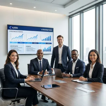Enterprise team reviewing an AI transformation roadmap on a large digital display in a modern boardroom