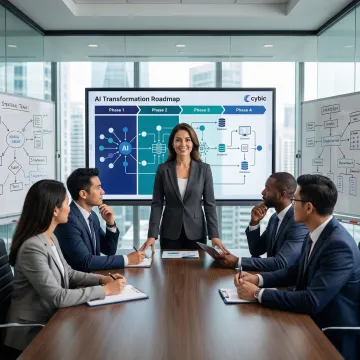 Technology consultant walking an enterprise leadership team through a phased AI transformation roadmap process