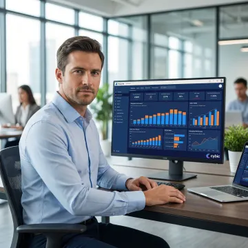 Data analyst reviewing a Power BI dashboard with enterprise KPIs and charts on a large monitor
