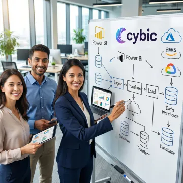 Data engineers collaborating on a Power BI integration architecture diagram on a whiteboard