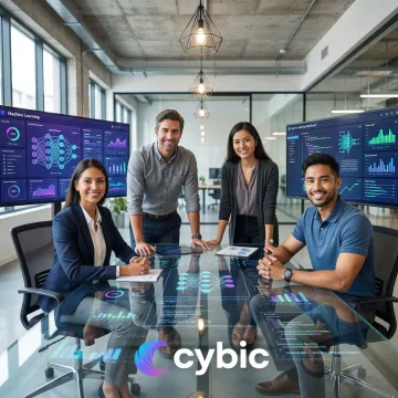 Enterprise AI and machine learning consulting team reviewing intelligent system architecture on large displays