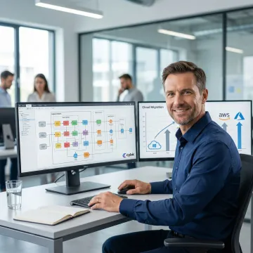 Enterprise software modernization consultant reviewing legacy system migration architecture on multiple screens