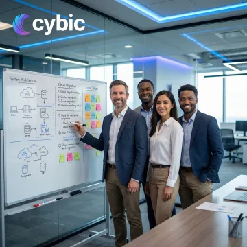 IT consultants mapping out a legacy software migration roadmap on a whiteboard