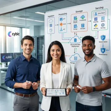 Data engineering team reviewing a multi-step cloud data lake deployment process on a whiteboard