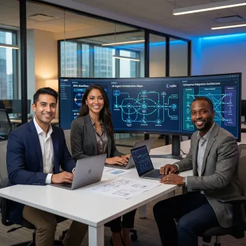 Cybic engineers designing an AI-powered RPA workflow deployment on enterprise systems