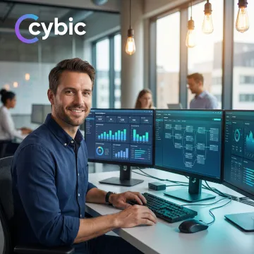 Data engineer managing BI pipelines and dashboards on a multi-monitor workstation
