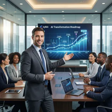 AI strategy consultant presenting a digital transformation roadmap to enterprise executives