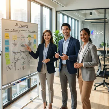 AI strategy roadmap process diagram shown on a whiteboard with consultants collaborating