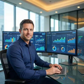 Enterprise business intelligence consultant reviewing AI-enabled dashboards and KPI analytics on large monitors