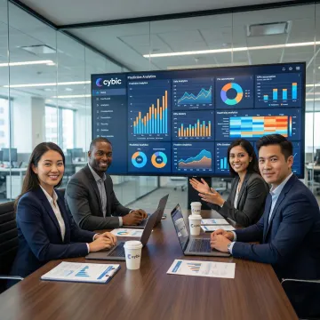 Enterprise BI consulting team analyzing predictive analytics dashboards on a large display in a boardroom