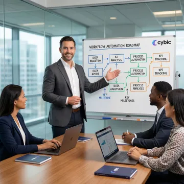 Consultant mapping out a finance automation roadmap with workflow diagrams