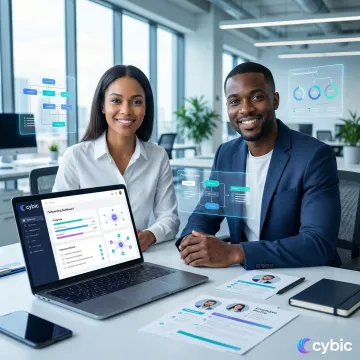 HR professionals reviewing automated onboarding workflow on a laptop in a modern office