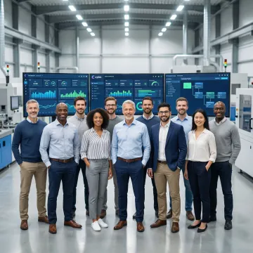 Custom software development for manufacturing industry — engineers reviewing digital dashboards on a factory floor