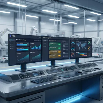 Custom manufacturing software platform displaying real-time production metrics and workflow automation