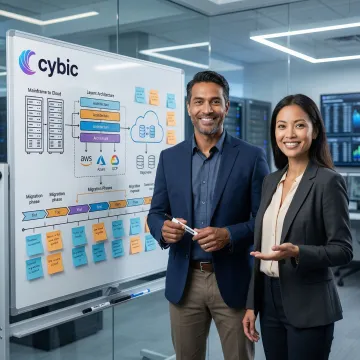 IT architects planning mainframe migration roadmap on whiteboard with cloud diagrams