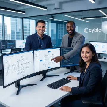 RPA engineers reviewing automation workflow blueprints on a large monitor