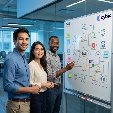 AWS cloud architecture consulting process diagram on a whiteboard
