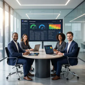 Enterprise team reviewing a responsible AI governance framework on a dashboard screen