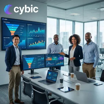 Enterprise data analytics consultants reviewing transformation dashboards on large screens in a modern office