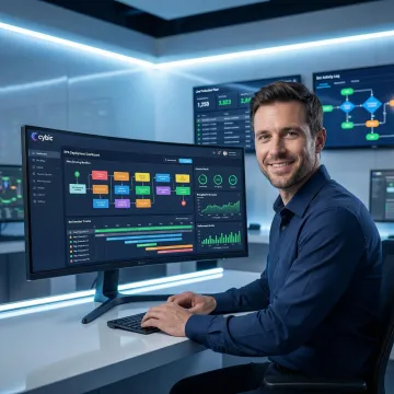 Cybic RPA engineers deploying automation bots on a manufacturing operations dashboard