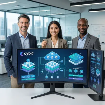 Enterprise architects collaborating on a digital infrastructure blueprint with cloud and AI system diagrams