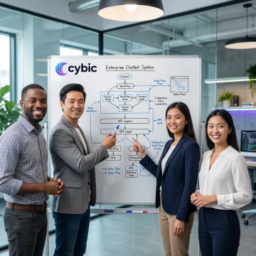Enterprise AI development team collaborating on a chatbot architecture diagram on a whiteboard