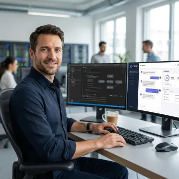 Enterprise AI chatbot developer working on a custom conversational AI interface on a large monitor