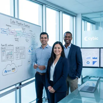 Step-by-step Power BI migration workflow displayed on a whiteboard with a team of engineers