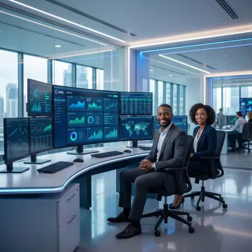 AI-powered banking software dashboard on a monitor in a financial institution