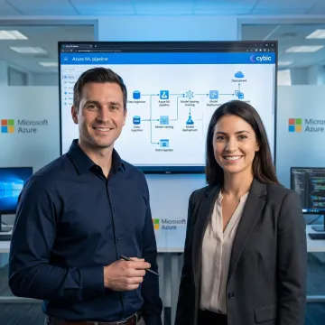 Azure AI machine learning pipeline architecture diagram on a whiteboard with engineers collaborating