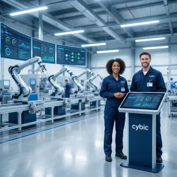 Automated manufacturing floor with AI-powered robotic systems and real-time production monitoring dashboards