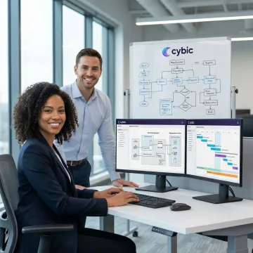 Cybic engineers reviewing a manufacturing automation deployment plan on dual monitors in a modern tech office