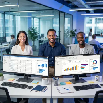 Enterprise data team migrating IBM Cognos reports to Microsoft Power BI dashboards on modern workstations