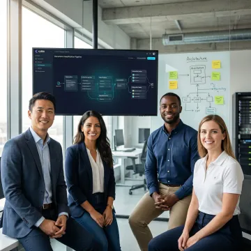 Data engineers reviewing an AI document classification pipeline architecture on a large monitor