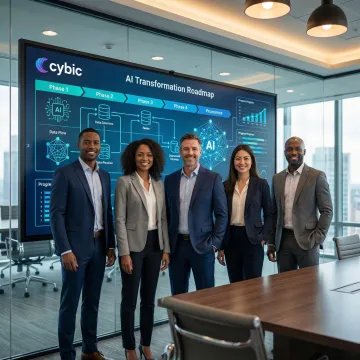 Enterprise team reviewing an AI strategy roadmap on a digital whiteboard