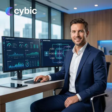 AI agent optimization consultant reviewing autonomous agent workflow diagrams on a large monitor