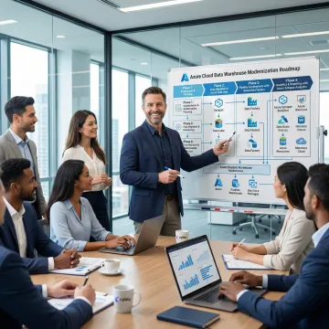 Data architect presenting an Azure cloud data warehouse migration roadmap to an enterprise team