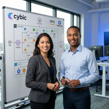 Cloud-native architecture consulting — engineers designing distributed microservices infrastructure on a whiteboard