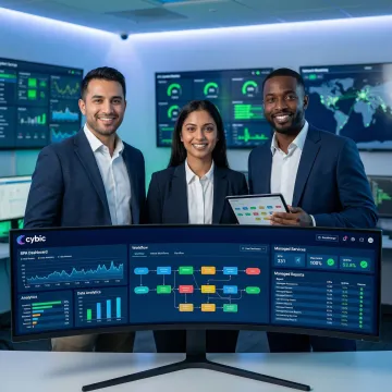 RPA engineers reviewing bot performance reports and automation workflow diagrams on large screens