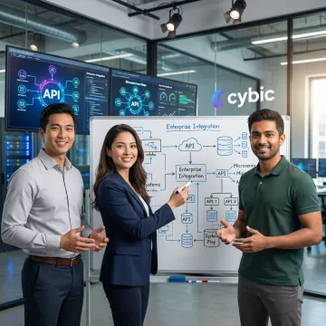 Engineers designing enterprise integration architecture on a whiteboard with system diagrams