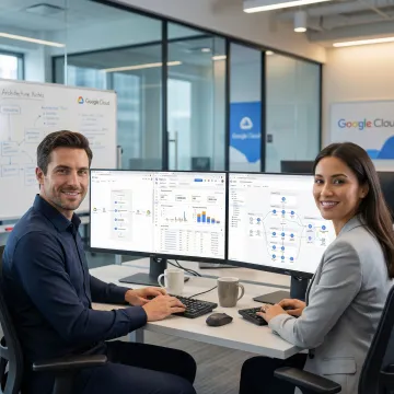 Data engineers consulting on Google Cloud data platform architecture with dashboards and pipeline diagrams