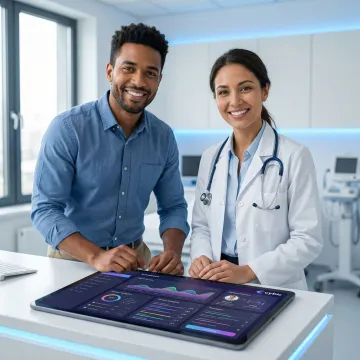AI healthcare app development — developer and clinician reviewing a healthcare AI dashboard on a tablet
