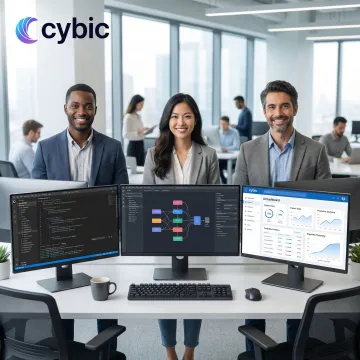 Healthcare AI development process — engineers building and testing a clinical AI application on multi-screen workstations